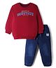 Babyhug Single Jersey Knit Full Sleeves T-Shirt With Text Print & Joggers Set - Red & Blue