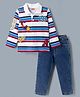 Babyhug Single Jersey Knit Full Sleeves Striped T-Shirt & Jeans Set With Varsity Print - White & Blue