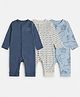 Mothercare 100% Cotton Knit Baby Full Sleeves Sleep Suit with Wavy Stripes & Turtle Whale Print Pack Of 3 - White Blue Navy Blue