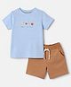 Mothercare 100% Cotton Knit Woven Half Sleeves T-Shirt and Shorts Set with Vegetable Print in Blue