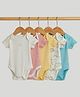 Mothercare Cotton Woven Knit Half Sleeves Striped Bodysuit With Dinosaur Print Pack of 5 - White, Yellow & Red
