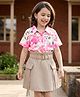 OLLINGTON ST. Cotton Blend Viscose Knit Half Sleeves Collared Top and Skirt with Cargo Pockets & Floral Print - Pink & Beige
