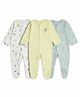 Mothercare 100% Cotton Knit Baby Full Sleeves Sleep Suit with Theme Park & Polka Dots Print Pack Of 3 - White Blue Green
