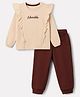 Doodle Poodle 100% Cotton Single Jersey Knit Full Sleeves Top With Ruffle at Front and Joggers Set With Text Print - Brown