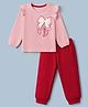 Doodle Poodle 100% Cotton Single Jersey Knit Full Sleeves Top With Frill Sleeves and Joggers Set With Bow Print & Applique - Light Red