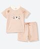 Mothercare Cotton Knit Woven Half Sleeves Striped Top & Shorts Set With Cat Print - Off White