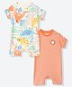 Mothercare Cotton Woven Knit Half Sleeves Animal Printed Rompers Pack of 2 - Light Blue & Coral
