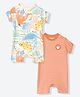 Mothercare Cotton Woven Knit Half Sleeves Animal Printed Rompers Pack of 2 - Light Blue & Coral