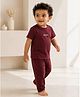bontots Cotton Lyocell Knit Half Sleeves Brand Name Printed Tee & Pants Set - Maroon