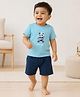 bontots Cotton Lyocell Elastane Knit Half Sleeves Panda Printed Tee & Pants Set - Blue