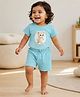 bontots Cotton Lyocell Knit Half Sleeves Teddy Printed Tee & Shorts Set - Blue