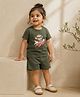 bontots Cotton Lyocell Knit Half Sleeves Monkey Printed Tee & Shorts Set - Olive Green