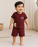 bontots Cotton Lyocell Knit Half Sleeves Beep Beep Text & Lion Printed Tee & Shorts Set - Maroon