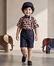 AJ Dezines Cotton Blend Woven Half Sleeves Elephant Printed Shirt & Shorts Set With Attached Bow Suspenders & Cap - Beige
