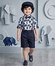 AJ Dezines Cotton Blend Woven Half Sleeves Elephant Printed Shirt & Shorts Set With Attached Bow Suspenders & Cap - Navy Blue