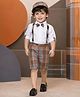 AJ Dezines Cotton Woven Half Sleeves Solid Shirt & Checked Shorts Set With Attached Bow Suspenders & Cap - Brown