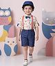 AJ Dezines Cotton Woven Half Sleeves Owl Printed Shirt & Shorts Set With Attached Bow Suspenders & Cap - Pink