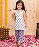 BownBee Pure Cotton Woven Sleeveless Floral Printed Lace Embellished Kurti & Pants Set - White