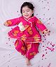 BownBee Pure Cotton Woven Full Sleeves Floral Printed Lace Embellished Angarakha Style Kurti & Dhoti Set - Pink