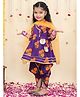 BownBee Pure Cotton Woven Three Fourth Sleeves Floral Printed Lace Embellished Angarakha Style Kurti & Dhoti With Dupatta Set - Purple