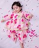BownBee Pure Cotton Woven Full Sleeves Floral Printed Lace Embellished Angarakha Style Kurti & Dhoti Set - Baby Pink