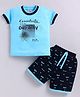 URBAN KOOL Knitted Half Sleeves Typography Printed Tee  & Shorts Set - Sky Blue