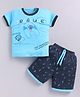URBAN KOOL Knitted Half Sleeves Treasure Text Printed Tee & Shorts Set - Teal Blue
