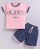 URBAN KOOL Knitted Half Sleeves Distract Text Printed Tee & Shorts Set - Peach