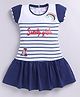 MELONI Knitted Knit Half Sleeves Striped & Sweety Girls Printed Dress - Navy Blue