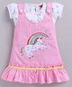 MELONI Knitted Knit Unicorn Embroidered Pinafore Dress With Half Sleeves Top - Pink