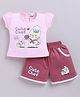 MELONI Knitted Knit Half Sleeves Cat Printed Top & Shorts Set - Pink