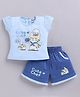 MELONI Knitted Knit Half Sleeves Cat Printed Top & Shorts Set - Sky Blue