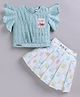 MELONI Linen Knit Half Sleeves Floral Patch Detailed  Top & Skirt - Sky Blue