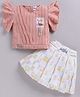 MELONI Linen Knit Half Sleeves Flower Printed Top & Skirt - Peach