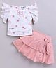MELONI Jacquard Knit Half Sleeves Floral Printed Top & Skirt  Set - Pink