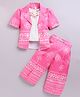MELONI Silk Knit Floral Applique Detailed Top With Abstract Printed Coordinating Jacket & Pants Set - Pink