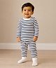 Mi Arcus 100% Cotton Knit Full Sleeves Striped Coordinating Tee & Pajama Set - White & Blue