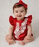Qvink Satin Woven Sleeveless Floral Design Lace Embellished Onesie - Red