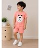 Qvink Cotton Woven Half Sleeves Bear Face Designed Tee & Shorts Set - Pink