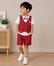 Qvink Cotton Woven Half Sleeves Striped Tee & Shorts Set With Attached Waistcoat - Red