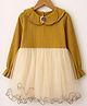 Qvink Cotton Woven Full Peasant Sleeves Pearl Embellished Floral Applique Detailed Colour Blocked Dress - Mustard