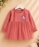 Qvink Cotton Woven Full Peasant Sleeves Frill & Bunny Applique Detailed Dress - Pink
