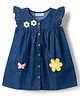 Babyoye 100% Cotton Denim Woven Frock With Flutter Half Sleeves and Flower Patch in Blue
