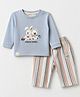 Ollypop Interlock Knit Woven Full Sleeves T-Shirt With Bear Patch & Striped Pant Set - Blue