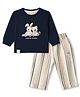 Ollypop Interlock Knit Woven Full Sleeves T-Shirt With Rabbit Patch & Striped Pant Set - Navy Blue