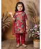 Kinder Kids Cotton Woven Three Fourth Sleeves Floral Printed Kurti & Pants With Dupatta Set - Red
