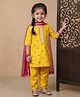 Kinder Kids Cotton Woven Three Fourth Sleeves Floral Embroidered Lace Embellished Kurti & Pants With Dupatta Set - Yellow