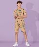 URBANBOYS CLUB Cotton Blend Knit Half Sleeves Typography Printed Coordinating Tee & Shorts Set - Beige