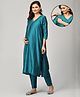 The Mom Store Silk Woven Three Fourth Sleeves Solid Kurti & Pants Set With Side Zipper Nursing Access - Teal