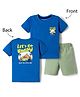 Kookie Kids Single Jersey Knit Woven Half Sleeves Mountains & Vehicle Printed T-Shirt & Shorts Set - Blue